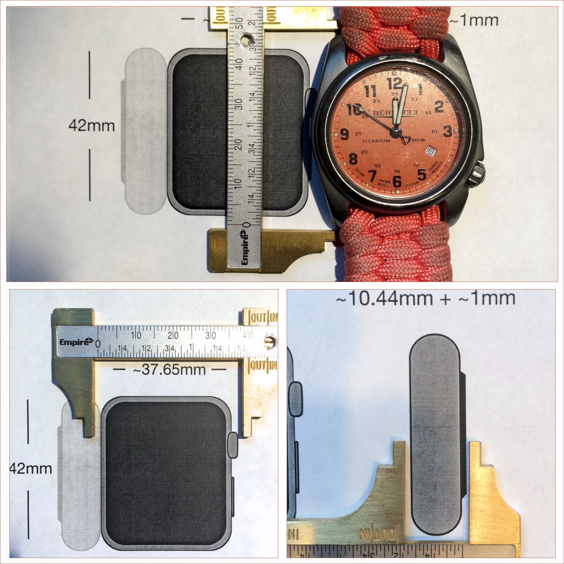 Image comparing actual Bertucci watch to PDF print of Apple Watch Dimensions