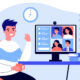 Illustration of person sitting at a computer on a video conference waving to the other meeting participants