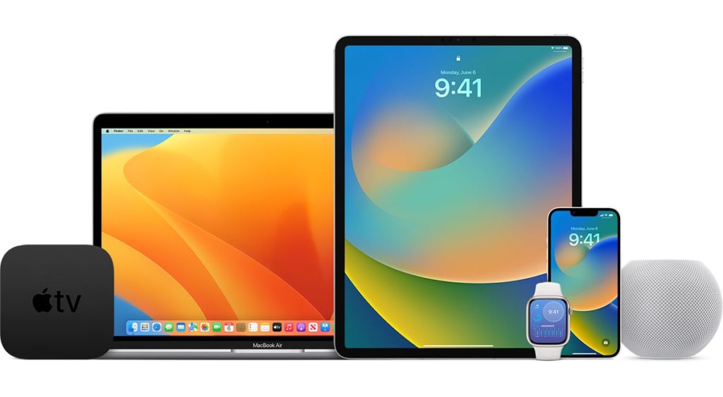 An Apple TV, MacBook Air, iPad, Apple Watch, iPhone, and HomePod mini