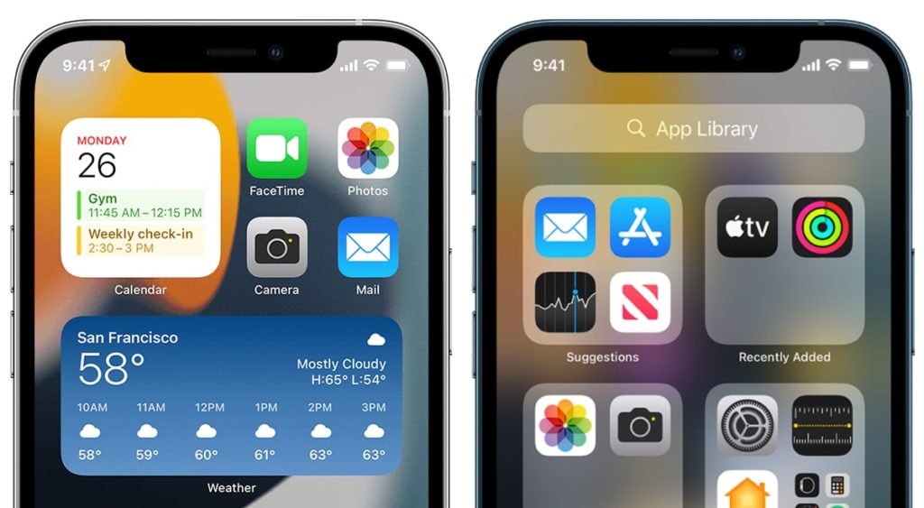 Two iPhones. One showing widgets for the calendar and weather. The other showing the App Library.