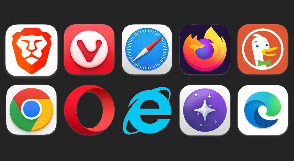 Grid of web browser icons including Brave, Vivaldi, Safari, Firefox, DuckDuckGo, Chrome, Opera, Internet Explorer, Orion and Edge.