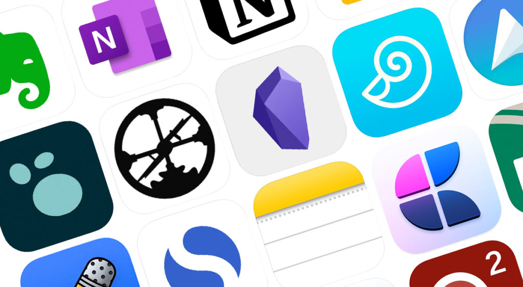 A grid of iOS app icons including Evernote, OneNote, Notion, Apple Notes, Craft and many more.