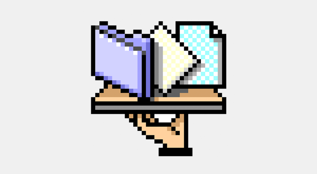 Classic Mac OS file sharing icon showing a hand holding up a board with icons for a folder, a note and a document.