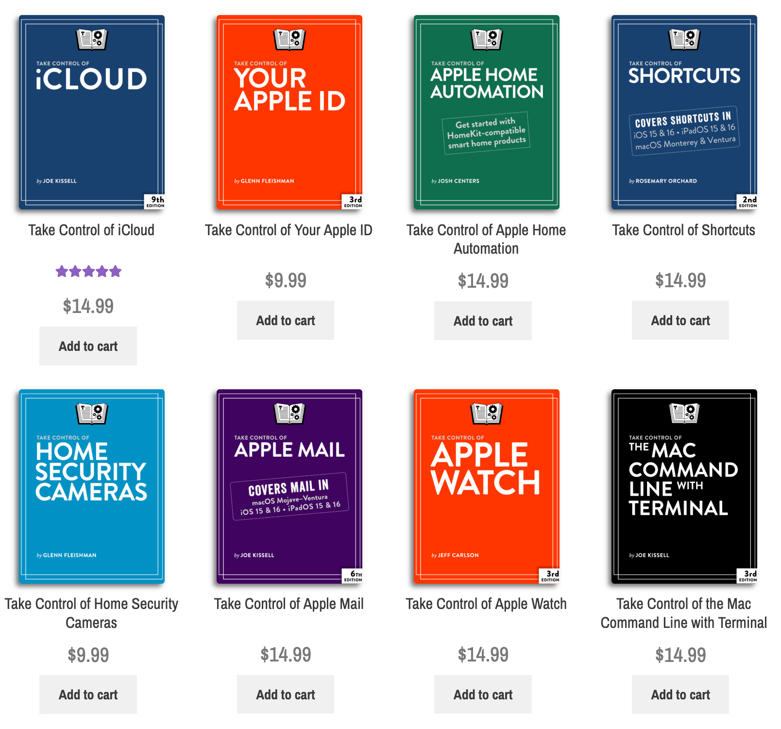 Some Take Control Books from the catalog including iCloud, Apple Watch, Shortcuts, and Apple Mail.