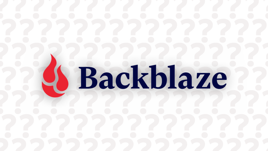 The Backblaze logo with a pattern of question marks behind it.