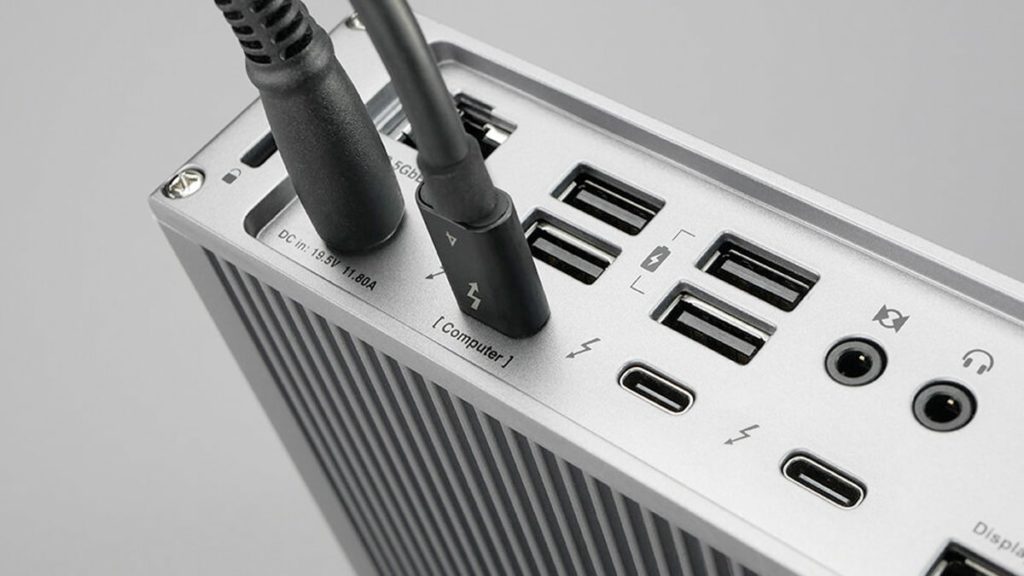 Close-up view of the ports of a CalDigit Thunderbolt 4 hub