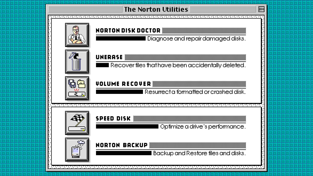 Norton Utilities application window in classic Mac OS showing Norton Disk Doctor, Unerase, Volume Recover, Speed Disk, and Norton Backup.