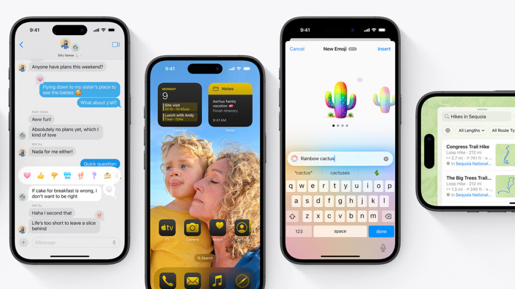 Several iPhones displaying new iOS 18 features