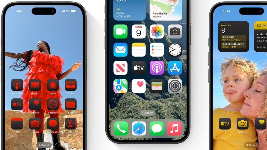 A set of iPhones displaying tinted icons and icons that are placed anywhere on the screen.