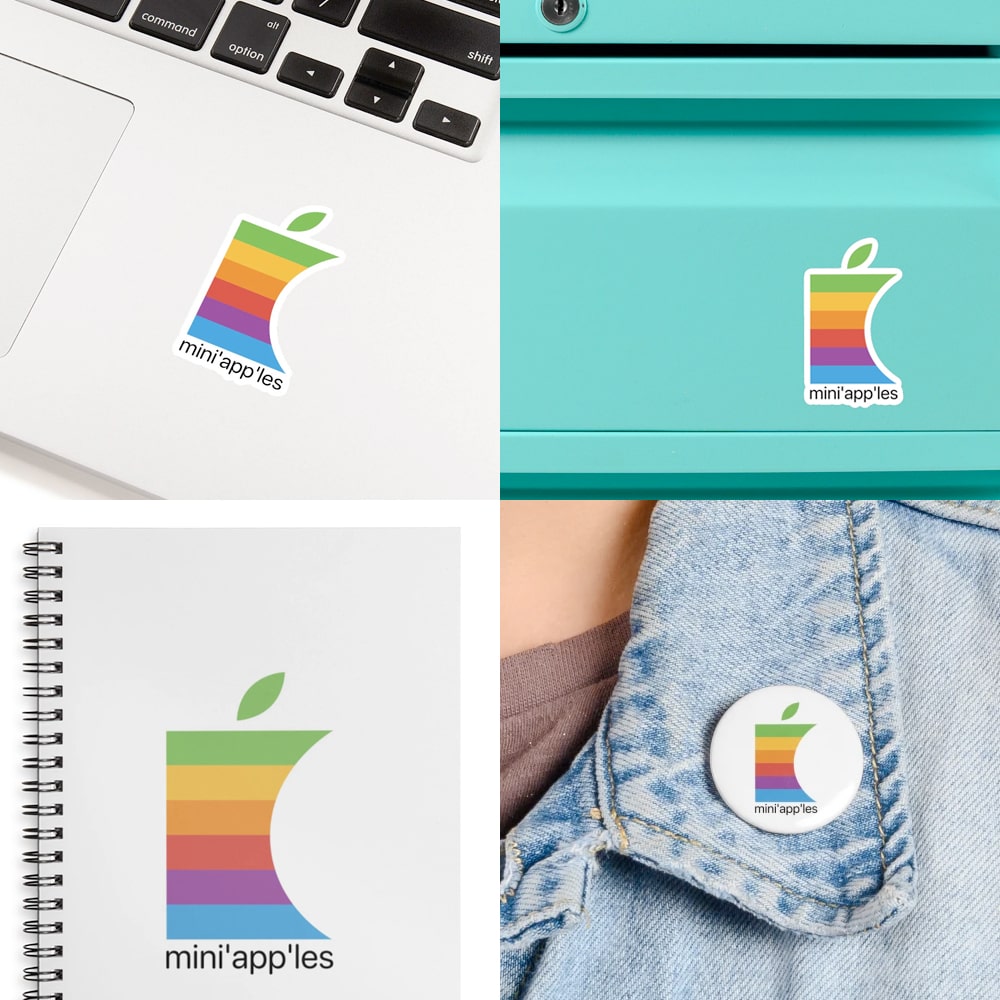 Mini'app'les branded stickers, magnets, notebook, and button.