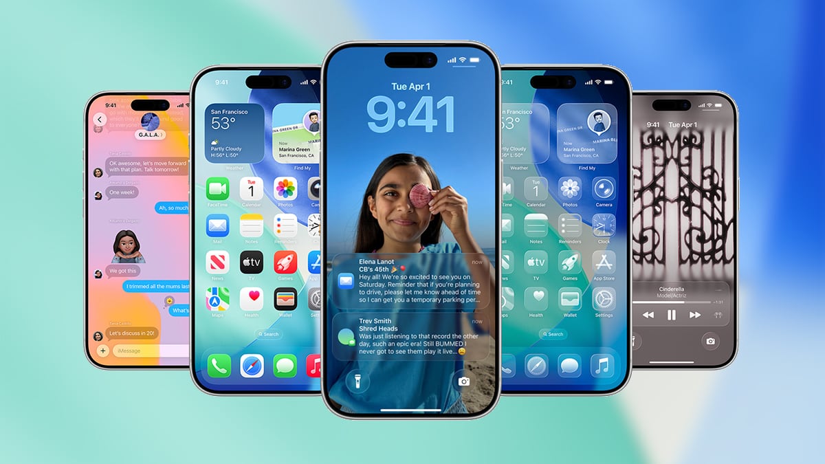 A group of iPhones displaying iOS 26 screens.
