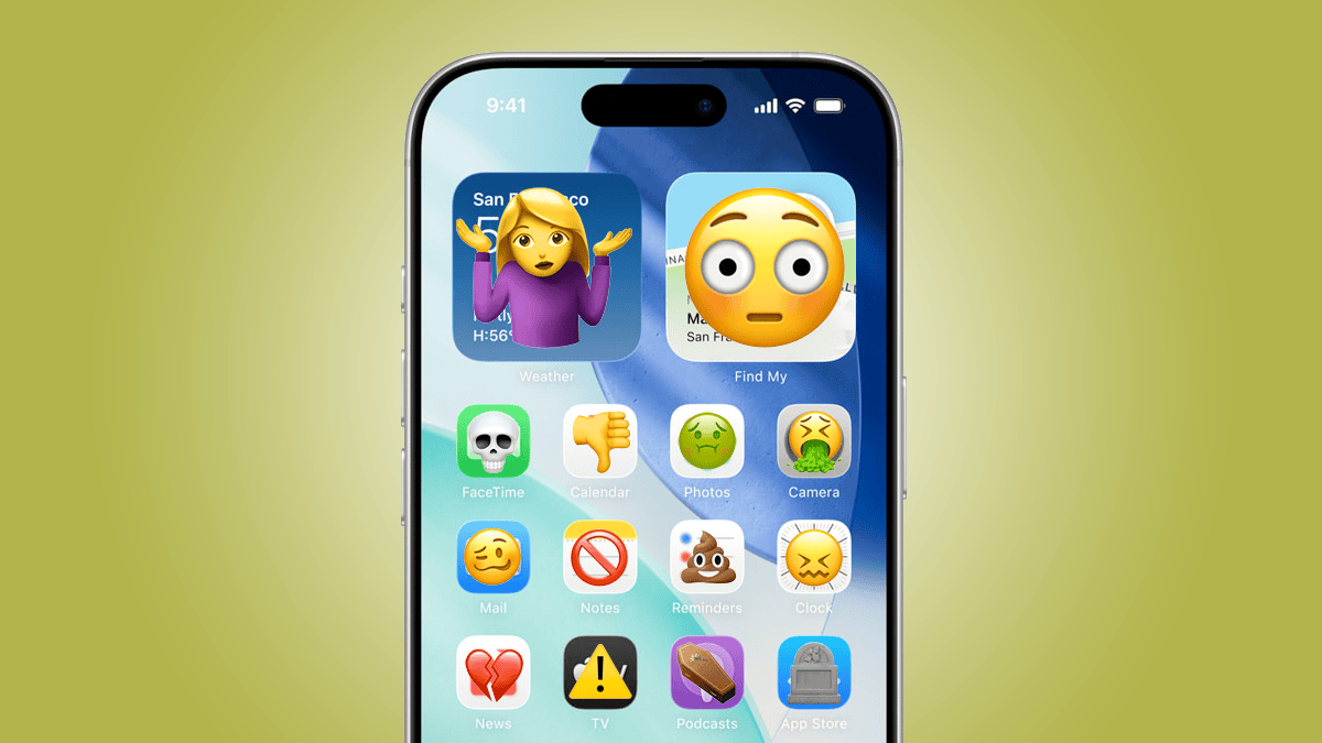 An iPhone with different emojis sitting over every icon and widget on the home screen. Emojis including the skull, thumbs down, vomit face, pile of poo, etc.